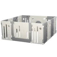 Qaba 14-Piece Children Baby Playpen Kids Activity Center Fence Enclosure with Easy Safety Gate & Built-In Fun Toys, Grey(m-1)