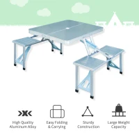 Outsunny 38" Camping Table and Chairs, Foldable with 4 seat, Aluminum Portable Suitcase, outdoor furniture with Umbrella Hole, Handle for Camping Dining BBQ, Silver(m-5)