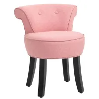 HOMCOM Upholstered Linen Vanity Stool with Curved Thick Padded Backrest, Rubberwood Legs, and Footpads, Pink(m-1)