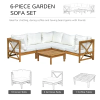 Outsunny 6-Piece Patio Furniture Set, Wooden Conversation Set, Modular Design Sectional Sofa Set with Coffee Table & 8 Pillows for Lawn, Backyard, White(m-4)