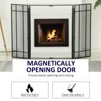 HOMCOM 3-Panel 49.25" W x 31.5" H Metal Mesh Screen Fireplace with Foldable Steel Spark Guard and Magnetic Doors, Black(m-8)