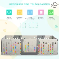 Qaba 16-Piece Children Baby Playpen Kids Activity Center Fence for Kids with Easy Safety Gate & Built-In Fun Toys, Grey(m-4)