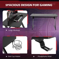 HOMCOM 55" Gaming Desk Home Office Computer Desk Gamer Workstation with Cup Holder, Headphone Hook and Cable Management, Black(m-4)
