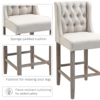 HOMCOM 26.25" Counter Height Bar Stools, Tufted Wingback Armless Upholstered Dining Chair with Rubber Wood Legs, Set of 2, Ivory(m-7)