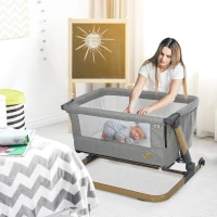Qaba Baby Bassinet Bedside Sleeper Folding and Adjustable Baby Crib Diaper Changer Nursery Bed for 0-5 Months Infants with Wheels & 5 Height Levels, Grey(m-2)