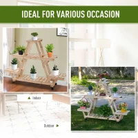 Outsunny Outdoor Plant Stand w/ Wheels and Brakes, Mobile Wood Plant Shelf Flower Stand for Garden Balcony Backyard Corner Living Room, Natural(m-6)