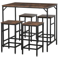 HOMCOM 5-Piece Industrial Dining Table Set, Bar Table & 4 Stools Set, Space Saving for Pub & Kitchen, Rustic Brown/Black(m-1)