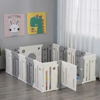 Qaba 16-Piece Children Baby Playpen Kids Activity Center Fence for Kids with Easy Safety Gate & Built-In Fun Toys, Grey(m-10)