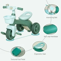 Qaba Tricycle 3-Wheeler Ride-on Toy with 2 Storage Baskets on Front & Back & Non-Slip Handlebar, Green(m-6)