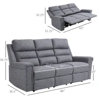 HOMCOM Modern 3-Seater Recliner Sofa with Linen Fabric and Thick Sponge Padding, 3 Seater Couch Recliner Couch Manual Reclining Sofa Living Room Furniture, Gray(m-3)