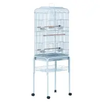 PawHut 60" Metal Indoor Bird Cage Starter Kit with Detachable Rolling Stand, Storage Basket, and Accessories, White(m-1)