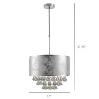 HOMCOM Modern Crystal Chandelier Light with Adjustable Hanging Pole, Ceiling-Connecting Metal Round Base, Grey(m-3)