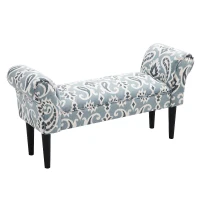 HOMCOM Linen Upholstered Vanity Accent Bench With Armrests - Blue Grey Paisley(m-7)