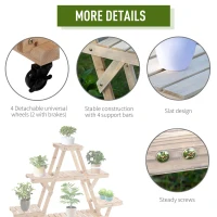 Outsunny Outdoor Plant Stand w/ Wheels and Brakes, Mobile Wood Plant Shelf Flower Stand for Garden Balcony Backyard Corner Living Room, Natural(m-5)