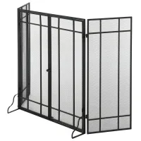 HOMCOM 3-Panel 49.25" W x 31.5" H Metal Mesh Screen Fireplace with Foldable Steel Spark Guard and Magnetic Doors, Black(m-1)