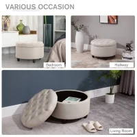 HOMCOM Round Linen-touch Fabric Storage Footstool Ottoman Button Tufted Footrest with Removable Lid, Beige(m-8)