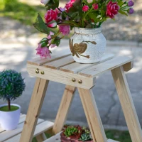 Outsunny Outdoor Plant Stand w/ Wheels and Brakes, Mobile Wood Plant Shelf Flower Stand for Garden Balcony Backyard Corner Living Room, Natural(m-8)