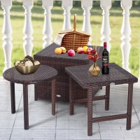 Outsunny 3 Piece Rattan Wicker Side Table Set with Square, Round Shape, Outdoor Garden Coffee Bistro Table, Brown(m-2)