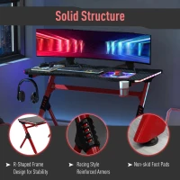 HOMCOM 43in Gaming Desk with RGB LED Lights Racing Style Gaming Table with Cup Holder & Cable Management, Red(m-7)