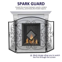 HOMCOM 3-Panel Metal Fireplace Spiral Mesh Cover Screen Home Foldable Steel Spark Guard Decoration, Black(m-4)