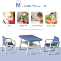Qaba 3-Piece Kids Table and Chair Set Writing Desk with Armrest, Storage Space for Toddler Activities, Blue(m-4)