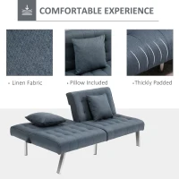 HOMCOM 2-Seater Convertible Sofa Bed with 7 Adjustable Angled Backrest Levels, 2 Pillows, and 5 Steel Legs, Grey(m-7)