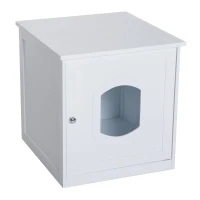 PawHut Decorative Wooden Covered Cat House Side End Table Mess Free Cat Litter Box Hideaway Cabinet Enclosure - White(m-1)