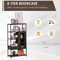 HOMCOM 4-Tier Industrial Style Bookcase with Open Storage Display Rack, Drawer, Cabinet for Living Room, Dark Brown(m-4)