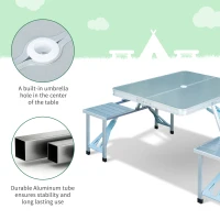 Outsunny 38" Camping Table and Chairs, Foldable with 4 seat, Aluminum Portable Suitcase, outdoor furniture with Umbrella Hole, Handle for Camping Dining BBQ, Silver(m-4)