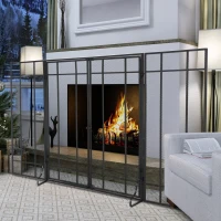 HOMCOM 3-Panel 49.25" W x 31.5" H Metal Mesh Screen Fireplace with Foldable Steel Spark Guard and Magnetic Doors, Black(m-2)