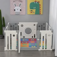 Qaba 14-Piece Children Baby Playpen Kids Activity Center Fence Enclosure with Easy Safety Gate & Built-In Fun Toys, Grey(m-10)