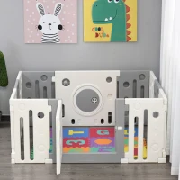 Qaba 12-Piece Children Baby Playpen Kids Activity Center Fence for Kids with Easy Safety Gate & Built-In Fun Toys, Grey(m-10)