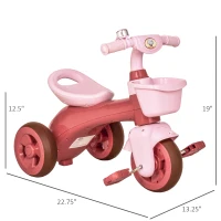 Qaba Tricycle 3-Wheeler Ride-on Toy with 2 Storage Baskets on Front & Back & Non-Slip Handlebar, Pink(m-3)