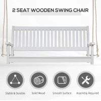 Outsunny 48'' 2-Seater Hanging Porch Swing, Outdoor Patio Wooden Swing Bench w/ Ropes, Slatted Design, 700 lb Weight Capacity, White(m-4)