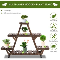 Outsunny Outdoor Plant Stand w/ Wheels and Brakes, Mobile Wood Plant Shelf Flower Stand for Garden Balcony Backyard Corner Living Room, Brown(m-4)