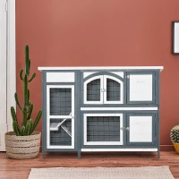 PawHut 2-Story Wooden Rabbit Hutch, Small Animal Bunny Cage Run w/ Slide Tray, White(m-8)