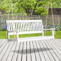 Outsunny 48'' 2-Seater Hanging Porch Swing, Outdoor Patio Wooden Swing Bench w/ Ropes, Slatted Design, 700 lb Weight Capacity, White(m-9)
