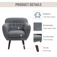 HOMCOM Accent Chair Linen-Touch Tufted Armchair Upholstered Leisure Lounge Sofa Club Chair with Wood Legs, Grey/Walnut(m-5)