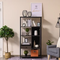 HOMCOM 4-Tier Industrial Style Bookcase with Open Storage Display Rack, Drawer, Cabinet for Living Room, Dark Brown(m-10)