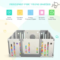 Qaba 14-Piece Children Baby Playpen Kids Activity Center Fence Enclosure with Easy Safety Gate & Built-In Fun Toys, Grey(m-4)