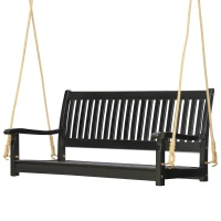 Outsunny 48'' 2-Seater Hanging Porch Swing, Outdoor Patio Wooden Swing Bench w/ Ropes, Slatted Design, 700 lb Weight Capacity, Black(m-10)