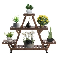 Outsunny Outdoor Plant Stand w/ Wheels and Brakes, Mobile Wood Plant Shelf Flower Stand for Garden Balcony Backyard Corner Living Room, Brown(m-11)