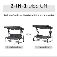 Outsunny 3-Seat Outdoor Patio Swing Chair, Converting Flatbed, Outdoor Swing Glider with Adjustable Canopy, Removable Cushion and Pillows, for Porch, Garden, Poolside, Backyard, Gray(m-4)