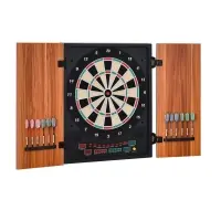 Soozier Electronic Dartboard Cabinet Set with 27 Main Games, 202 Variations, 12 Darts for Multi-Game Option Ready-to-Play, Light Brown(m-1)