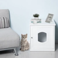 PawHut Decorative Wooden Covered Cat House Side End Table Mess Free Cat Litter Box Hideaway Cabinet Enclosure - White(m-10)