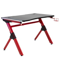 HOMCOM 43in Gaming Desk with RGB LED Lights Racing Style Gaming Table with Cup Holder & Cable Management, Red(m-10)