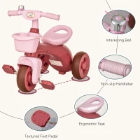 Qaba Tricycle 3-Wheeler Ride-on Toy with 2 Storage Baskets on Front & Back & Non-Slip Handlebar, Pink(m-6)