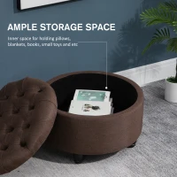 HOMCOM Round Linen-touch Fabric Storage Footstool Ottoman Button Tufted Footrest with Removable Lid, Brown(m-4)