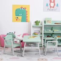 Qaba 3-Piece Kids Table and Chair Set Writing Desk with Armrest, Storage Space for Toddler Activities, Green(m-10)