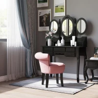 HOMCOM Upholstered Linen Vanity Stool with Curved Thick Padded Backrest, Rubberwood Legs, and Footpads, Pink(m-2)